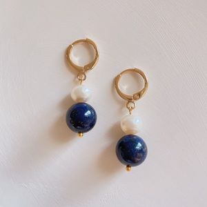 Natural lapis lazuli pearl hoop earrings